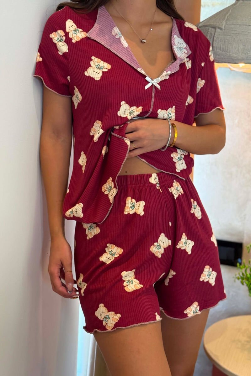BEAR DESIGN SHIRT + SHORTS WOMEN PYJAMAS BURGUNDY/VISHNJE - 5