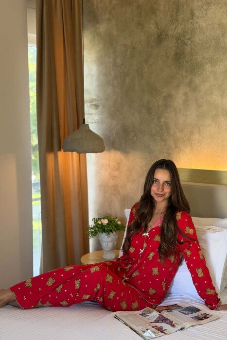 BEAR DESIGN SHIRT+ TROUSERS WOMEN PYJAMAS RED/E KUQE - KLAUDIO FASHION
