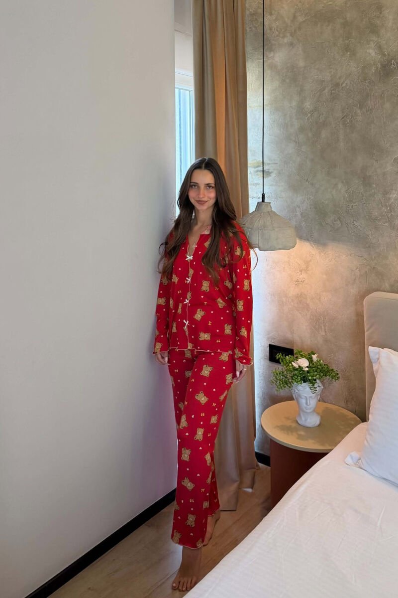 BEAR DESIGN SHIRT+ TROUSERS WOMEN PYJAMAS RED/E KUQE - 2