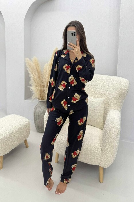 BEAR DESIGN SHIRT+TROUSERS WOMEN PYJAMAS DARK BLUE/BEE - 2