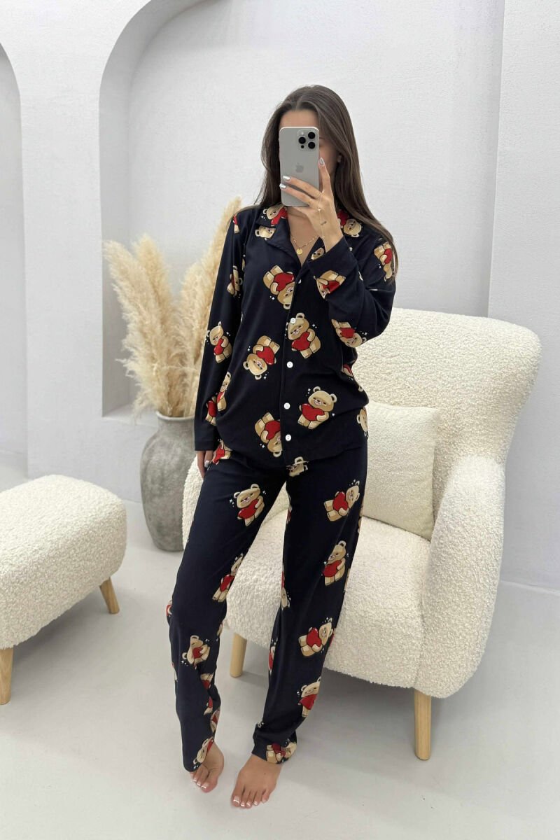 BEAR DESIGN SHIRT+TROUSERS WOMEN PYJAMAS DARK BLUE/BEE - 2