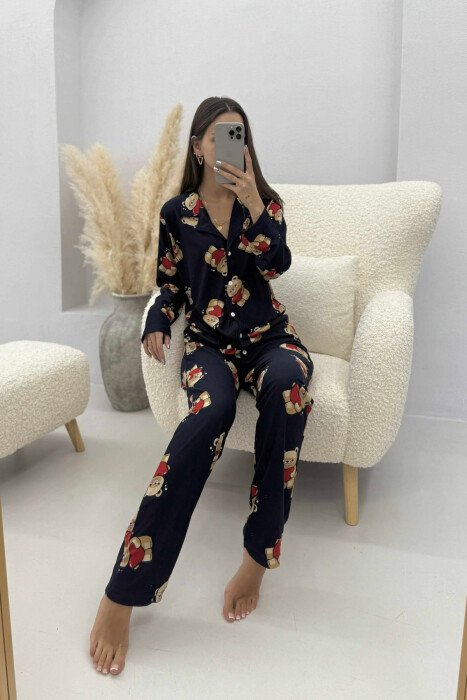 BEAR DESIGN SHIRT+TROUSERS WOMEN PYJAMAS DARK BLUE/BEE - 3