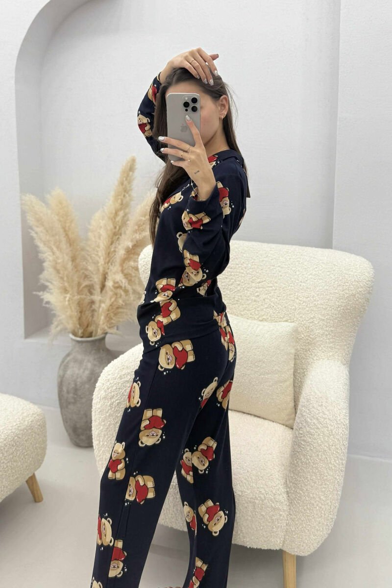 BEAR DESIGN SHIRT+TROUSERS WOMEN PYJAMAS DARK BLUE/BEE - 4