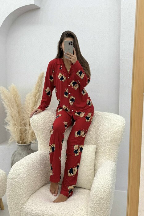 BEAR DESIGN SHIRT+TROUSERS WOMEN PYJAMAS RED/E KUQE - KLAUDIO FASHION