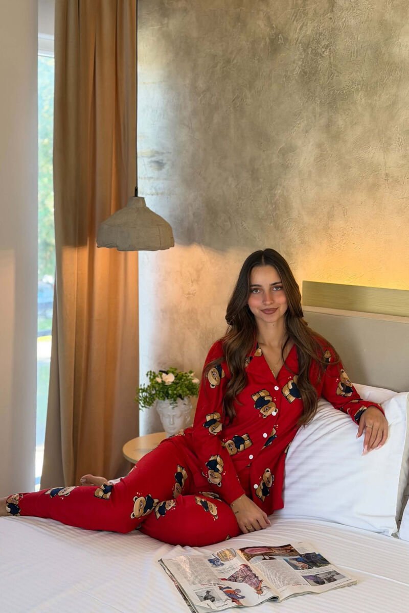 BEAR DESIGN SHIRT+TROUSERS WOMEN PYJAMAS RED/E KUQE - 1