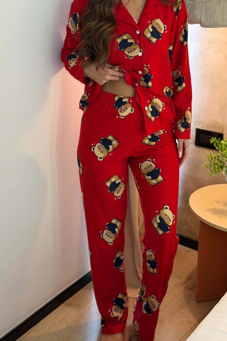 BEAR DESIGN SHIRT+TROUSERS WOMEN PYJAMAS RED/E KUQE - 3