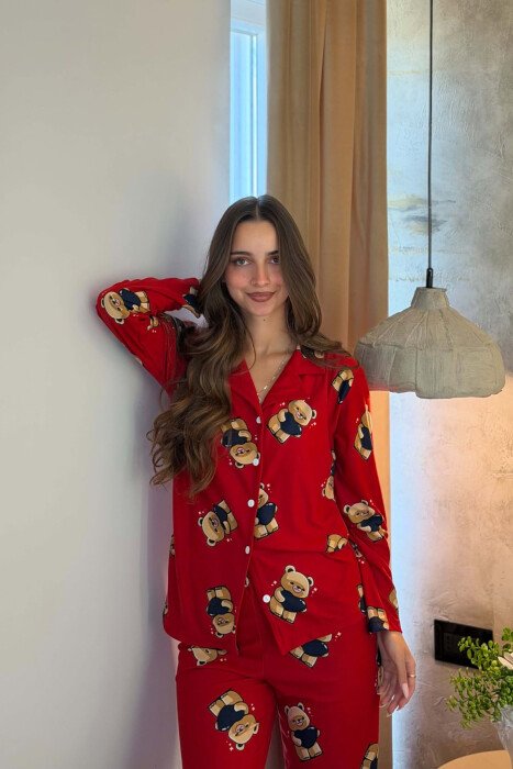 BEAR DESIGN SHIRT+TROUSERS WOMEN PYJAMAS RED/E KUQE - 4