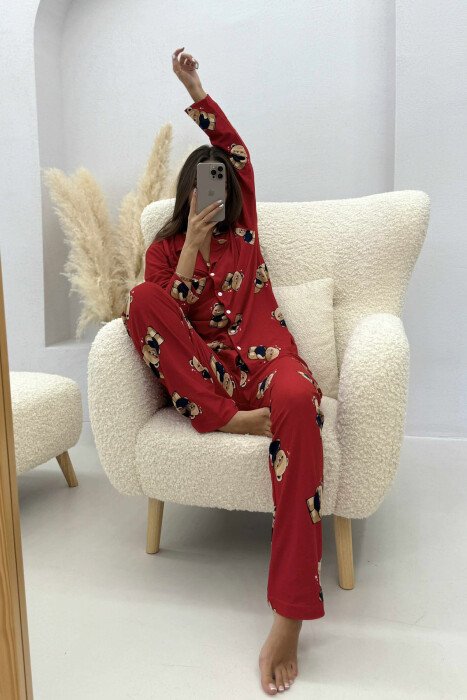 BEAR DESIGN SHIRT+TROUSERS WOMEN PYJAMAS RED/E KUQE - 3