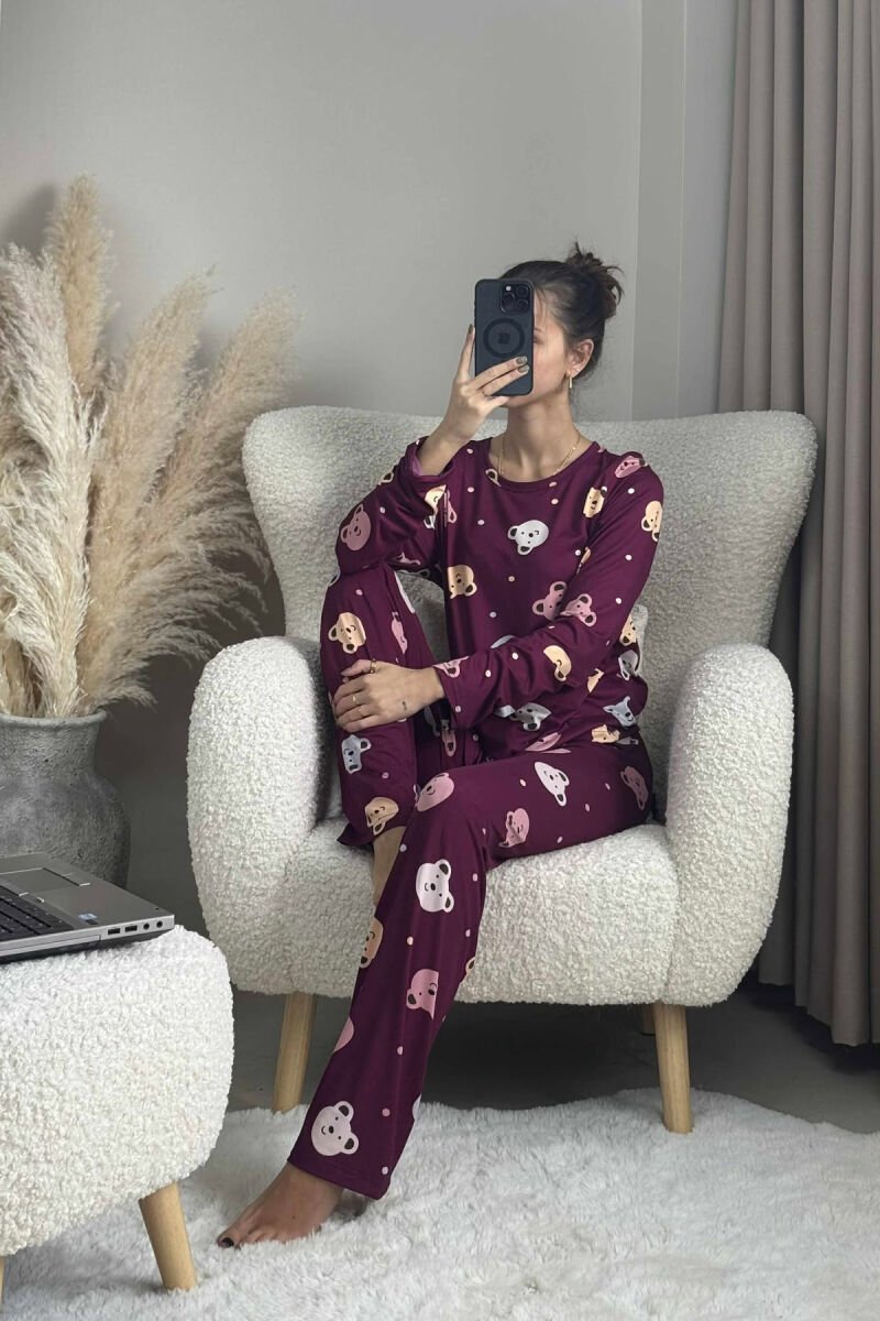 BEAR DESIGN SWEATSHIRT+TROUSERS WOMEN PYJAMAS DARK BURGUNDY/VISHNJE E ERRET - 3