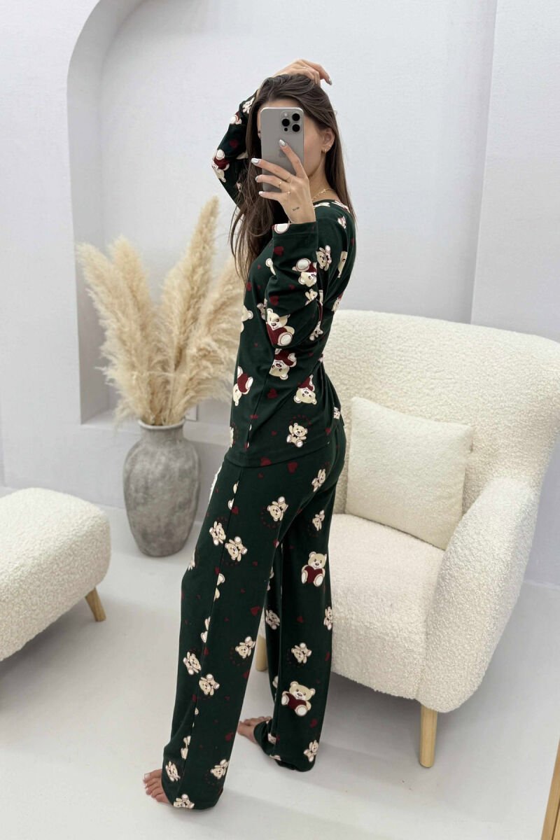BEAR DESIGN SWEATSHIRT+TROUSERS WOMEN PYJAMAS DARK GREEN/JEE - 2