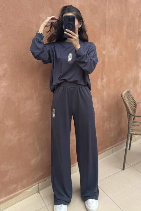BEAR IMAGE BLOUSE+ SWEATPANTS ONE COLOR WOMEN SET DARK GREY/GEE 
