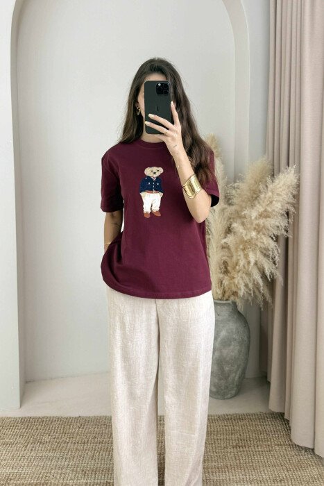 BEAR IMAGE ONE COLOR WOMEN T-SHIRT BURGUNDY/VISHNJE 