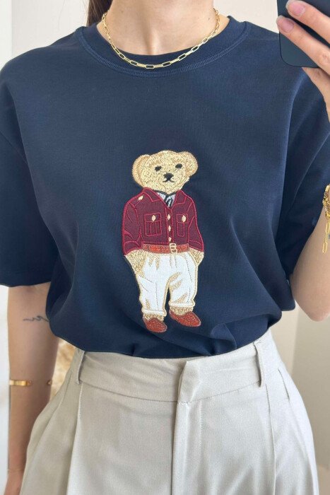 BEAR IMAGE ONE COLOR WOMEN T-SHIRT DARK BLUE/BEE - 4