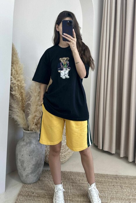 BEAR IMAGE T-SHIRT+SHORTS WOMEN SET BLACK-YELLOW/ZEVE - KLAUDIO FASHION