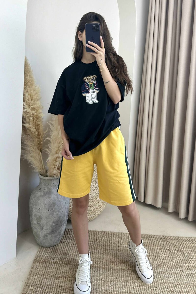 BEAR IMAGE T-SHIRT+SHORTS WOMEN SET BLACK-YELLOW/ZEVE - 2