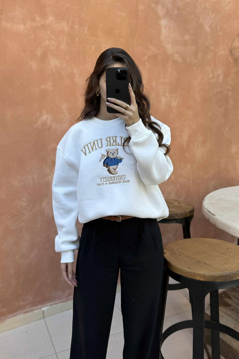 BEAR IMAGE WRITTINGS WOMEN SWEATSHIRT WHITE-E BARDHE - 1