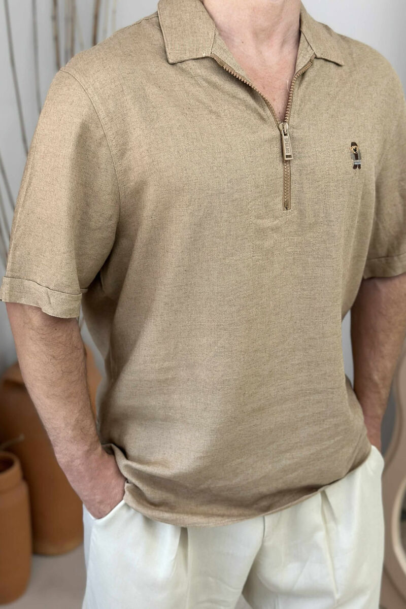 BEAR LOGO POLO NECK ZIPPERED MEN T-SHIRT BEIGE/BEZHE - 4