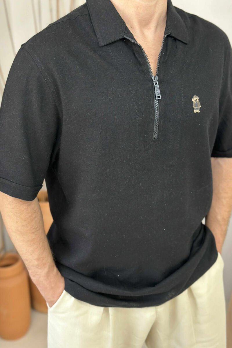 BEAR LOGO POLO NECK ZIPPERED MEN T-SHIRT BLACK/ E ZEZE - 4