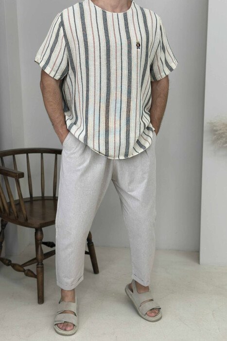 BEAR LOGO STRIPED MEN T-SHIRT BEIGE/BEZHE - KLAUDIO FASHION