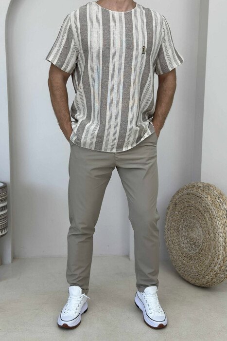 BEAR LOGO STRIPED MEN T-SHIRT DARK BEIGE/BEZHE ERRET - 
