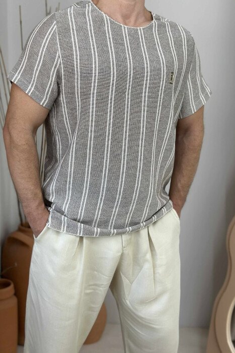 BEAR LOGO STRIPED MEN T-SHIRT DARK BEIGE/BEZHE ERRET - 2