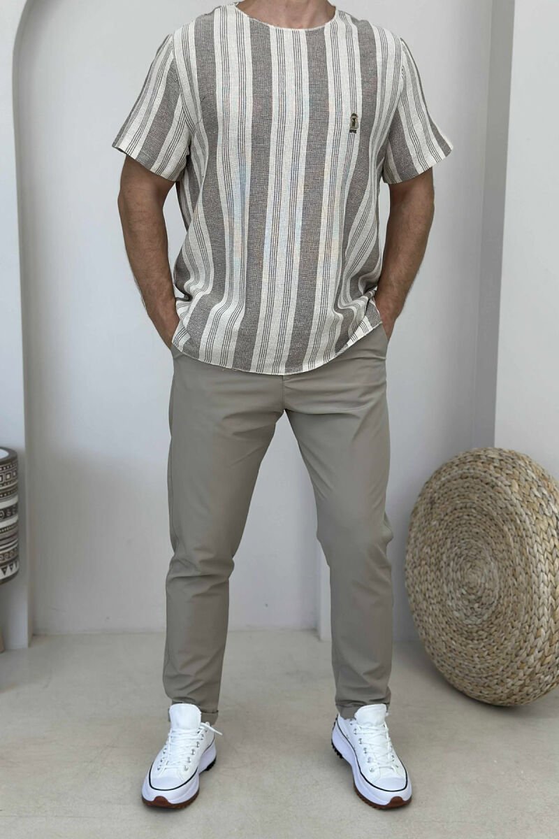 BEAR LOGO STRIPED MEN T-SHIRT DARK BEIGE/BEZHE ERRET - 1