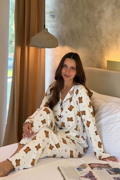 BEAR & RIBBON DETAIL SHIRT+TROUSERS WOMEN PYJAMAS WHITE-E BARDHE - KLAUDIO FASHION