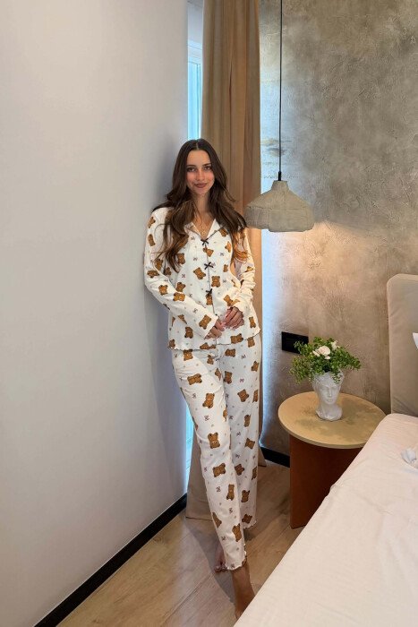 BEAR & RIBBON DETAIL SHIRT+TROUSERS WOMEN PYJAMAS WHITE-E BARDHE - 4