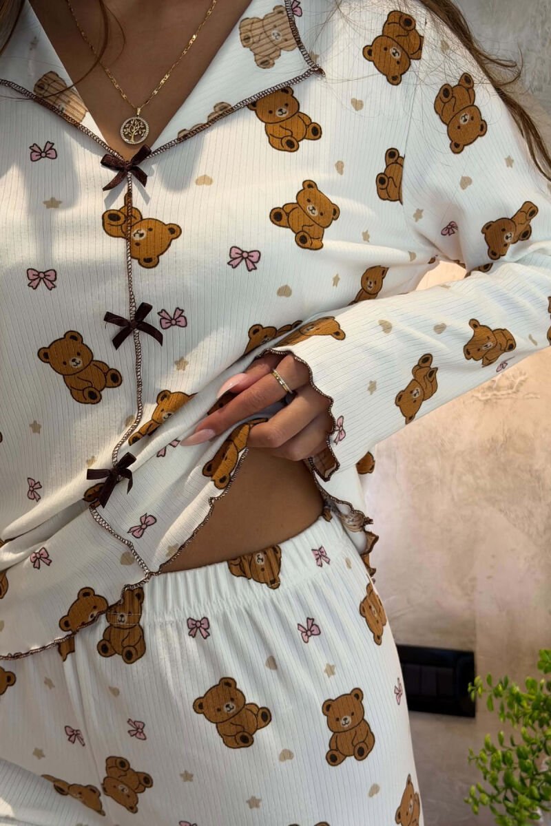 BEAR & RIBBON DETAIL SHIRT+TROUSERS WOMEN PYJAMAS WHITE-E BARDHE - 8