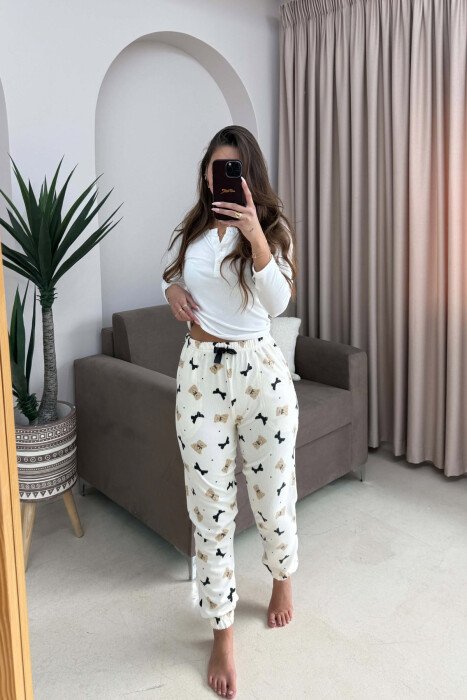 BEAR & RIBBON ONE COLOR WOMAN JOGGERS CREAM/KREM - 1