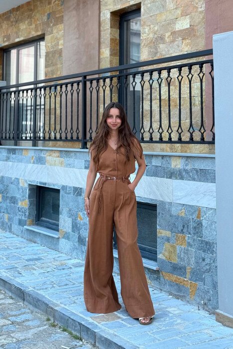 BELT DETAIL BUTTONED WOMAN JUMPSUIT BROWN/KAFE 