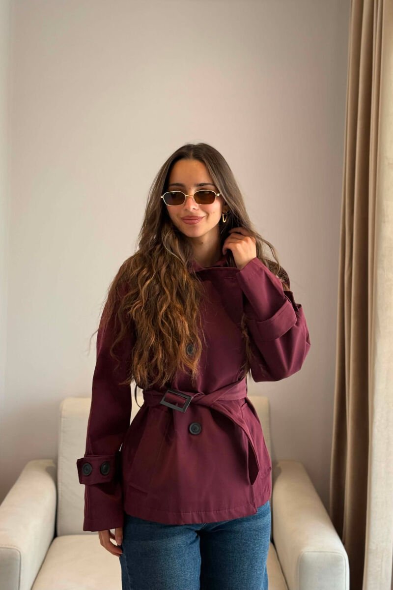 BELT DETAIL BUTTONED WOMAN TRENCH COAT BURGUNDY/VISHNJE - 1
