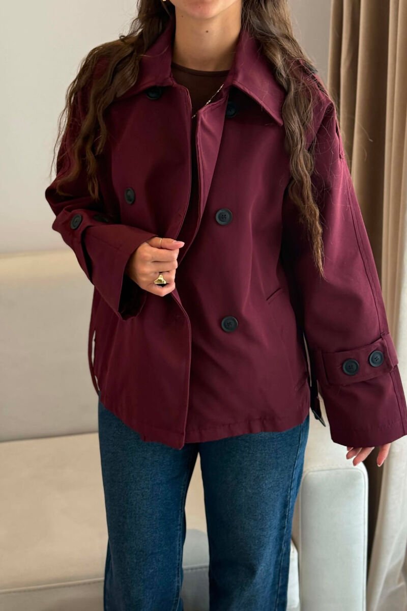 BELT DETAIL BUTTONED WOMAN TRENCH COAT BURGUNDY/VISHNJE - 3