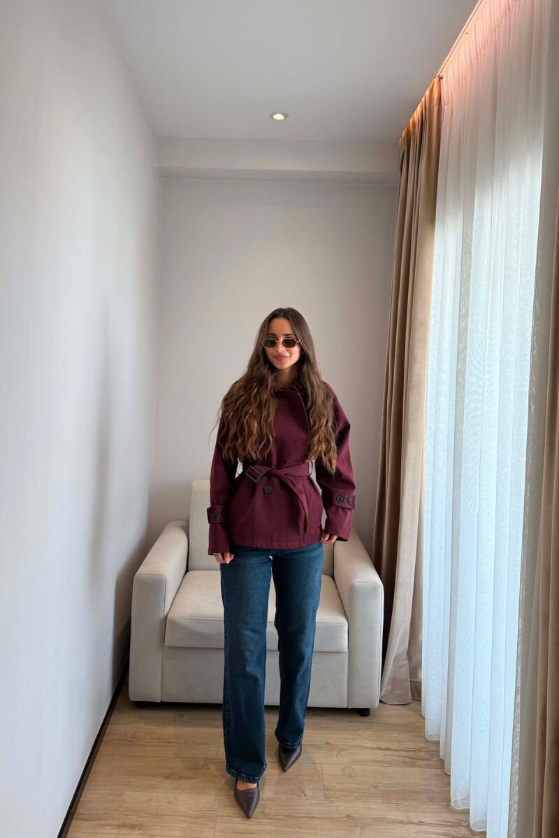 BELT DETAIL BUTTONED WOMAN TRENCH COAT BURGUNDY/VISHNJE - 6