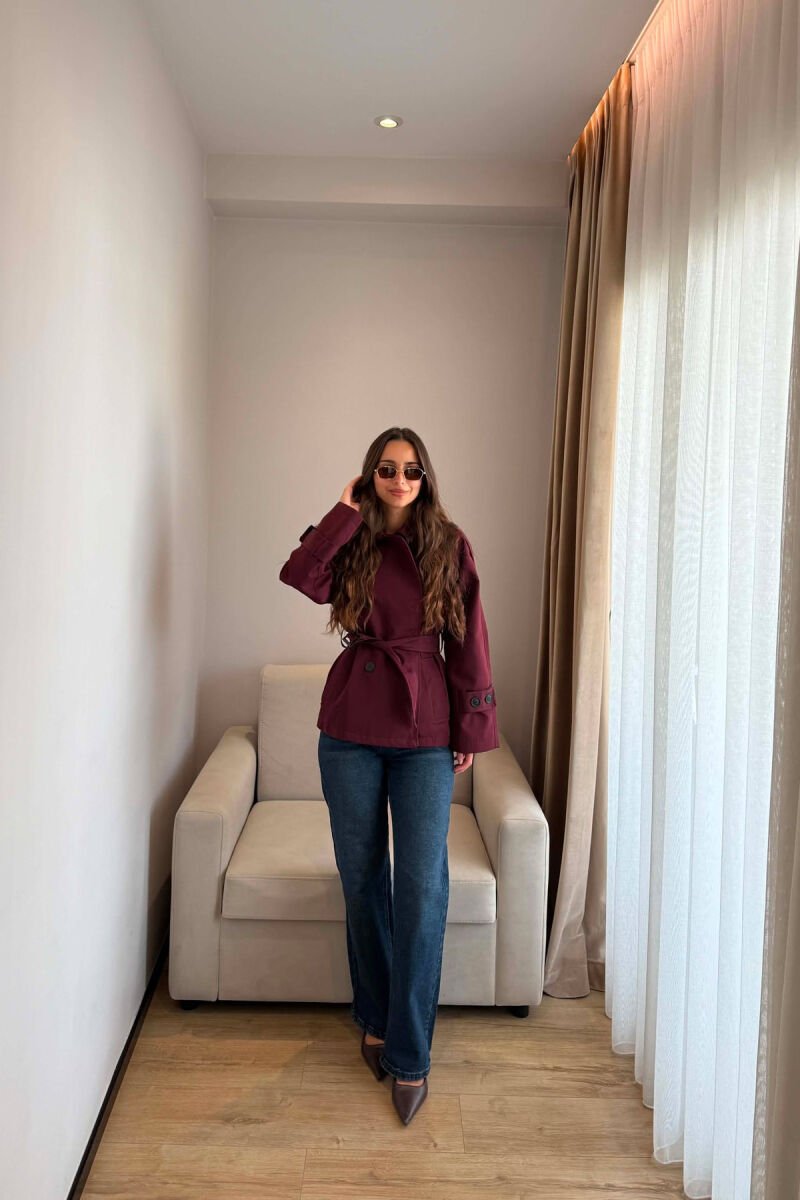 BELT DETAIL BUTTONED WOMAN TRENCH COAT BURGUNDY/VISHNJE - 7