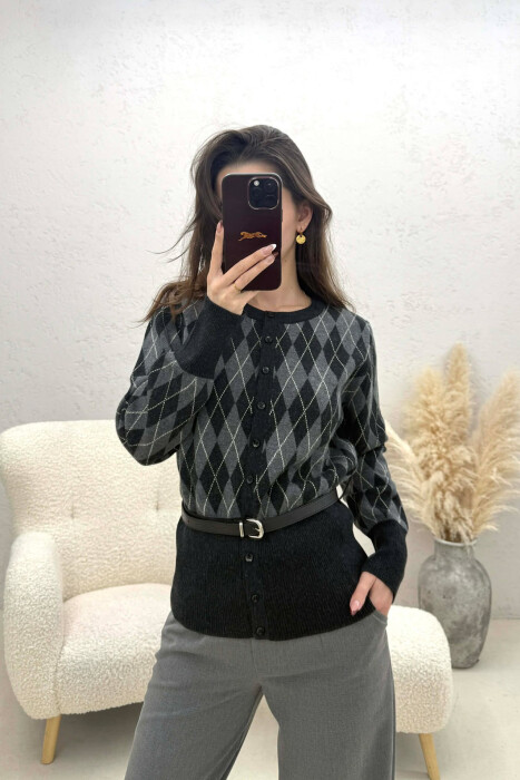 BELT DETAIL BUTTONED WOMEN CARDIGAN DARK GREY/GEE - KLAUDIO FASHION