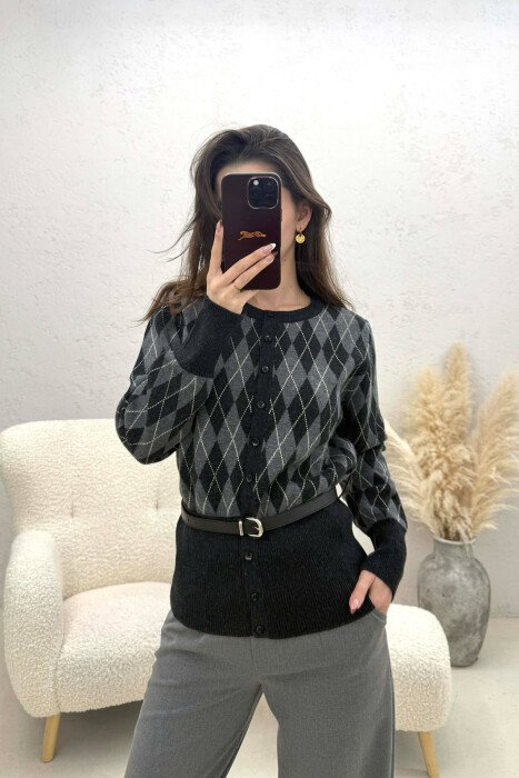 BELT DETAIL BUTTONED WOMEN CARDIGAN DARK GREY/GEE - 1