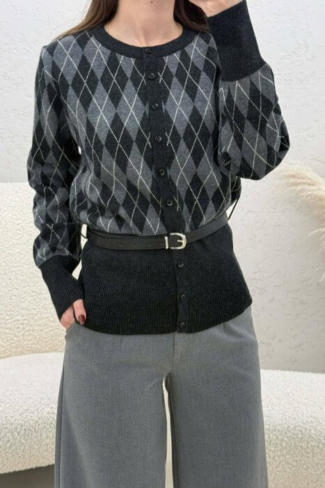 BELT DETAIL BUTTONED WOMEN CARDIGAN DARK GREY/GEE - 2