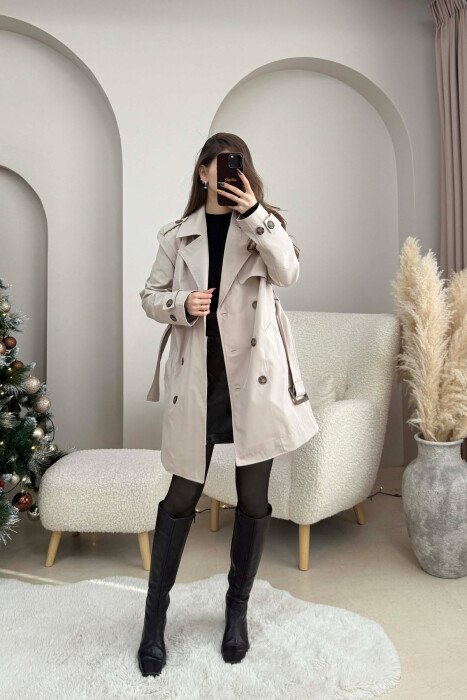 BELT DETAIL BUTTONED WOMEN JACKET LIGHT GREY/GZ - 2