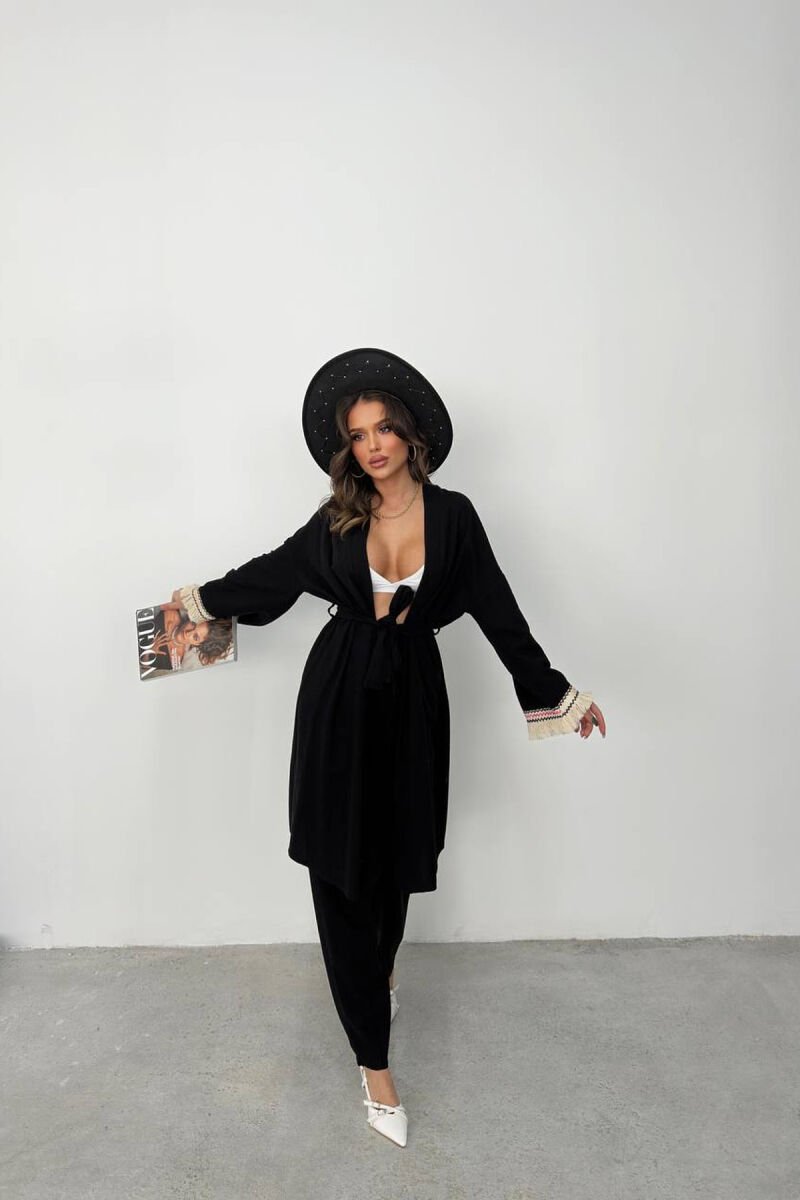 BELT DETAIL CARDIGAN + ELASTIC WAIST WOMAN TWO PIECE SET BLACK/ E ZEZE - 1