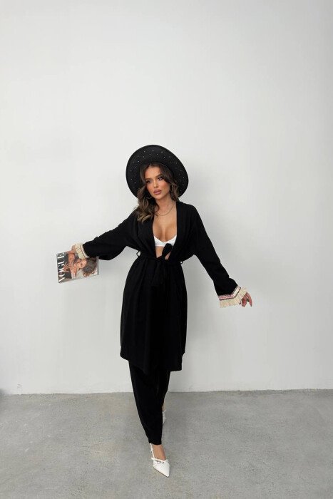 BELT DETAIL CARDIGAN + ELASTIC WAIST WOMAN TWO PIECE SET BLACK/ E ZEZE - KLAUDIO FASHION