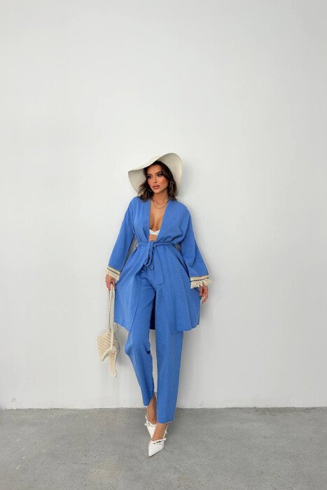 BELT DETAIL CARDIGAN + ELASTIC WAIST WOMAN TWO PIECE SET BLUE/BLU - 1
