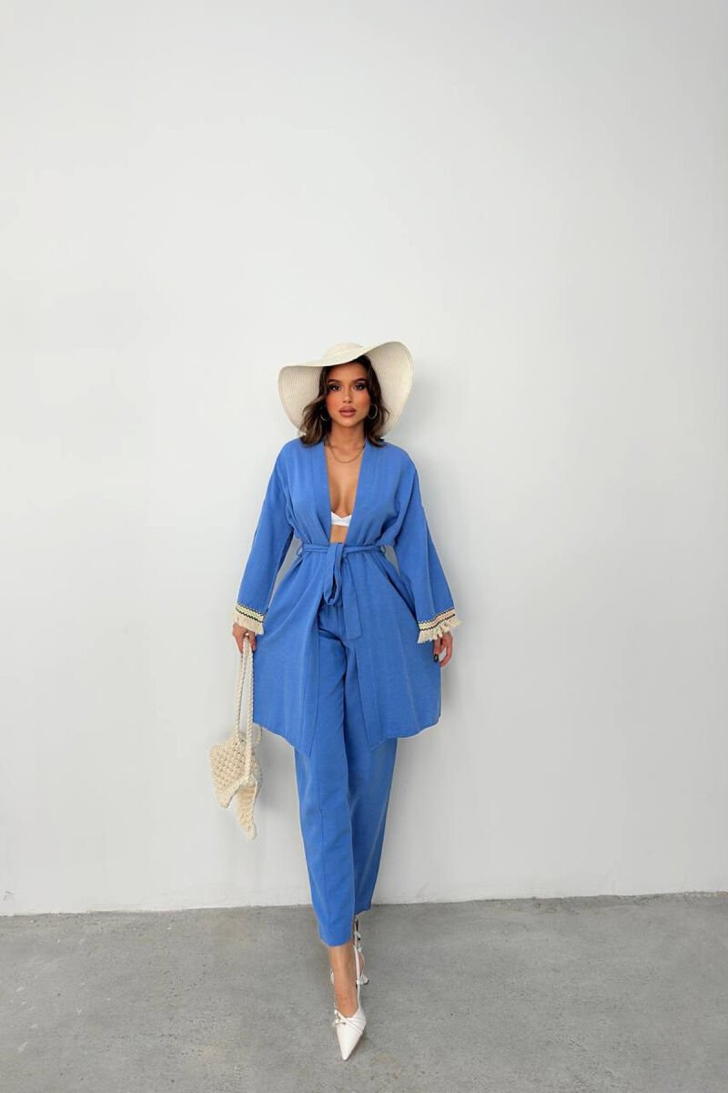 BELT DETAIL CARDIGAN + ELASTIC WAIST WOMAN TWO PIECE SET BLUE/BLU - 2