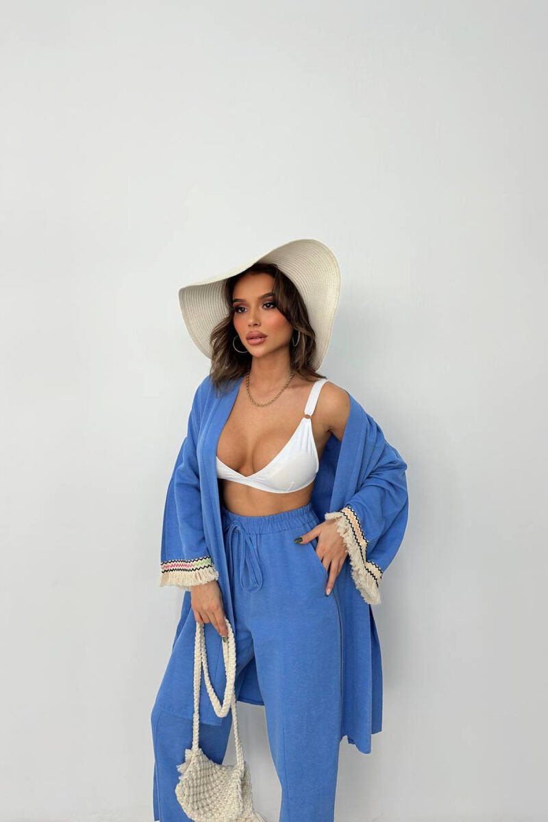 BELT DETAIL CARDIGAN + ELASTIC WAIST WOMAN TWO PIECE SET BLUE/BLU - 4