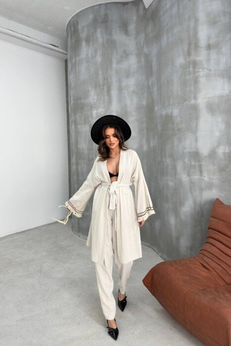 BELT DETAIL CARDIGAN + ELASTIC WAIST WOMAN TWO PIECE SET CREAM/KREM - 4