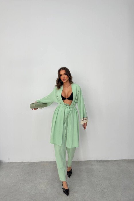 BELT DETAIL CARDIGAN + ELASTIC WAIST WOMAN TWO PIECE SET MINT/MENTE - KLAUDIO FASHION