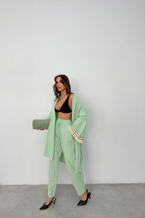BELT DETAIL CARDIGAN + ELASTIC WAIST WOMAN TWO PIECE SET MINT/MENTE - 2