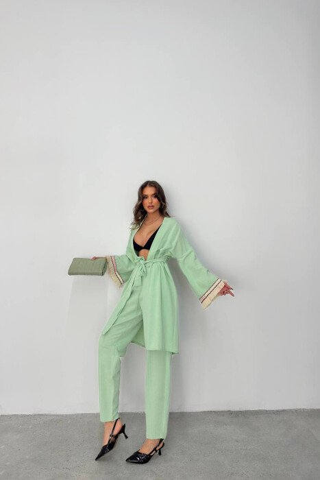 BELT DETAIL CARDIGAN + ELASTIC WAIST WOMAN TWO PIECE SET MINT/MENTE - 3