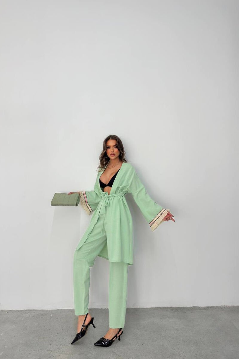BELT DETAIL CARDIGAN + ELASTIC WAIST WOMAN TWO PIECE SET MINT/MENTE - 3