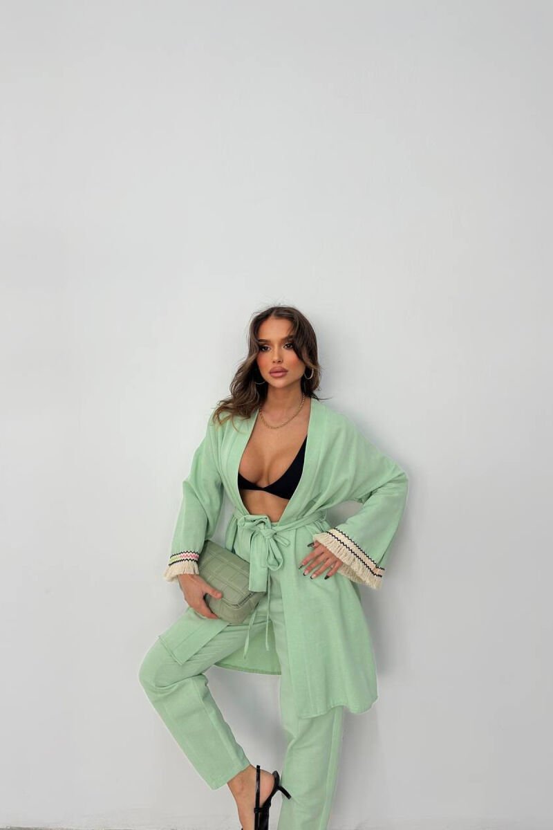 BELT DETAIL CARDIGAN + ELASTIC WAIST WOMAN TWO PIECE SET MINT/MENTE - 4